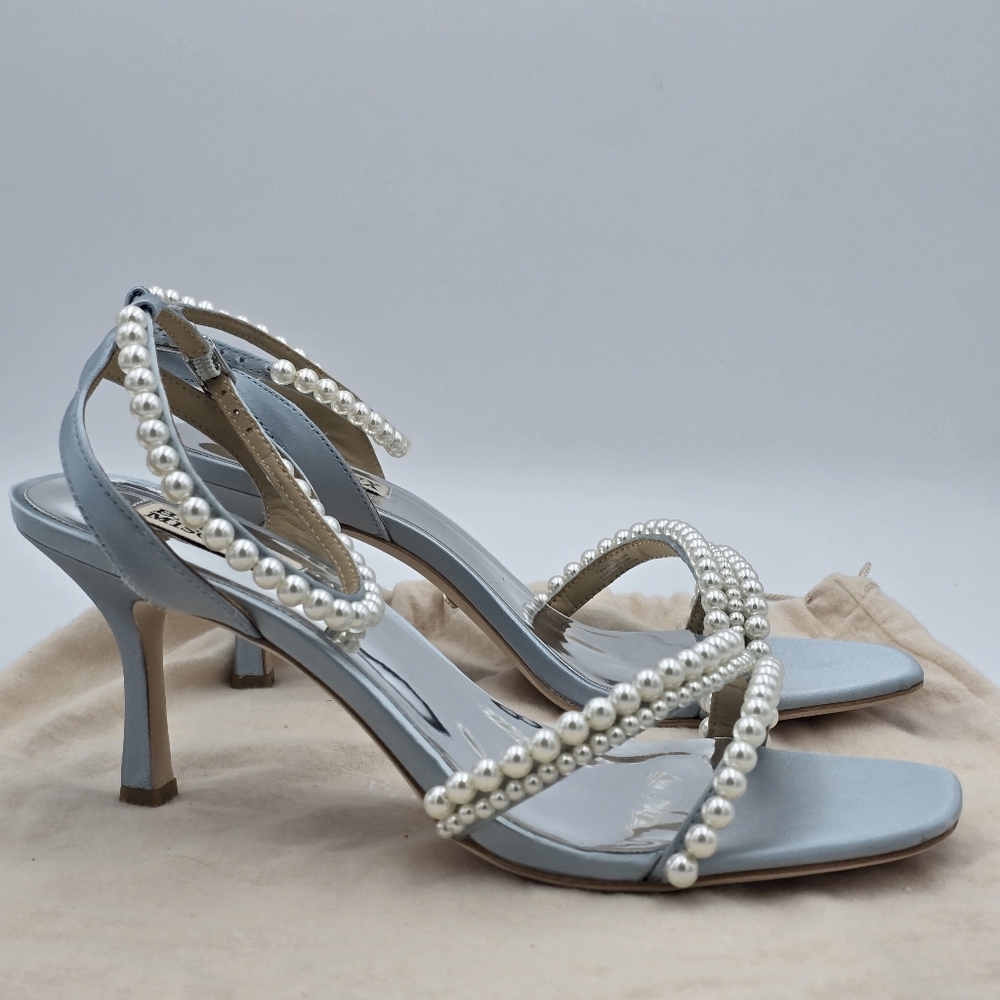 Badgley Mischka Flame Pearl Kitten Heel Sandals, Mist Blue Satin, Women's Sz 9.5 - Picture 2 of 16